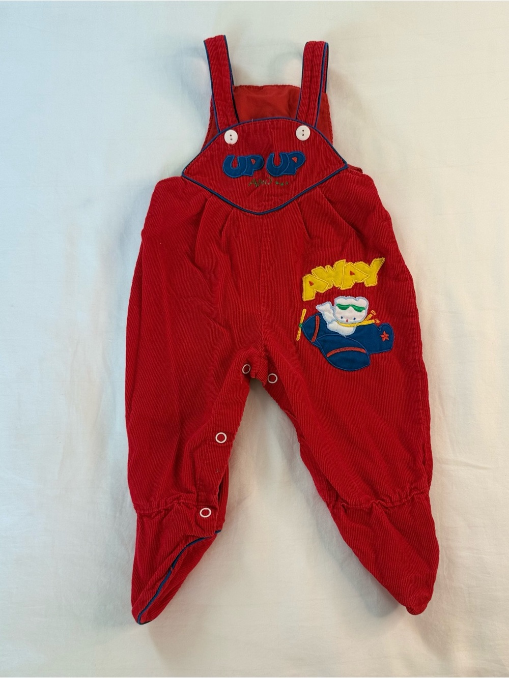 Vintage Baby Red Corduroy Overalls with Plane Appliqué Up Up and Away